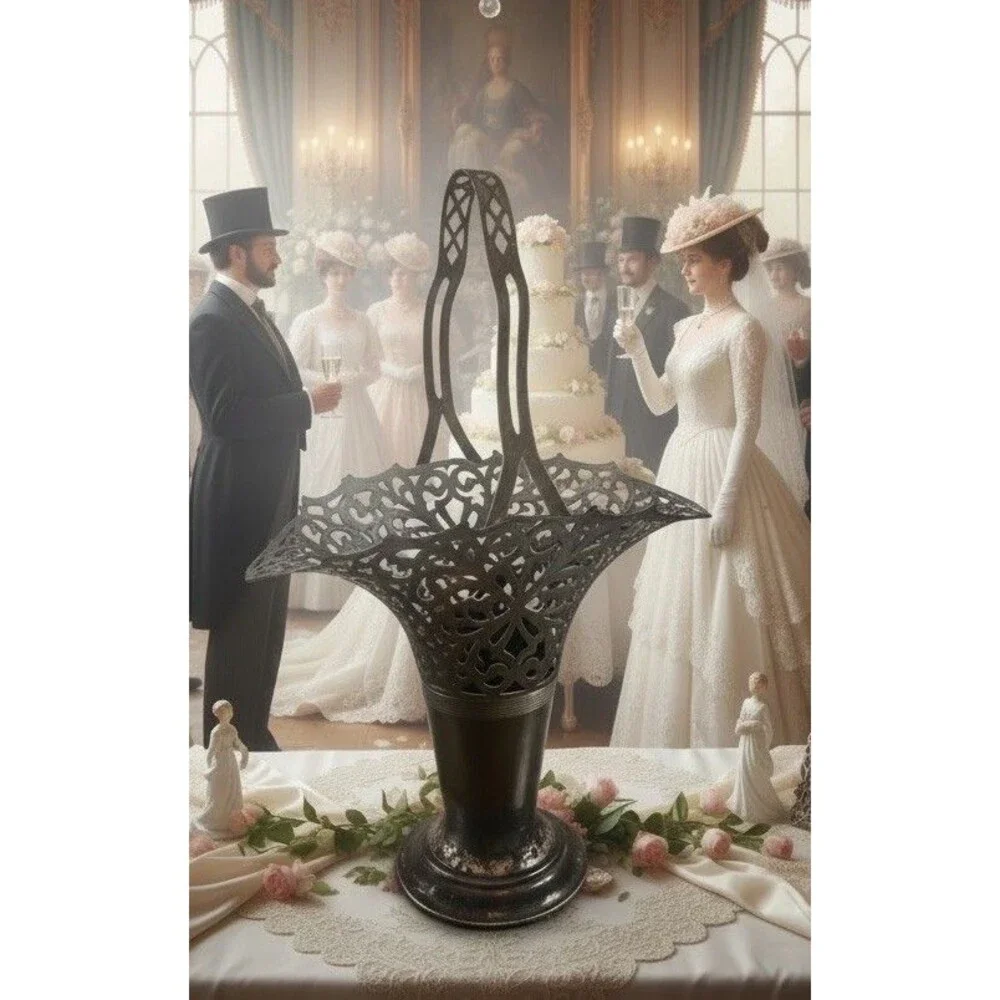 Antique Brides Flower Basket Silverplate 15” Tall Intricate Filigree Unique Mark